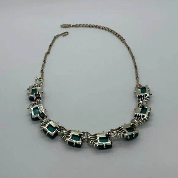 Vintage Coro Necklace Teal Thermoset Leaf Choker Necklace Mid Century Modern - Picture 6 of 16